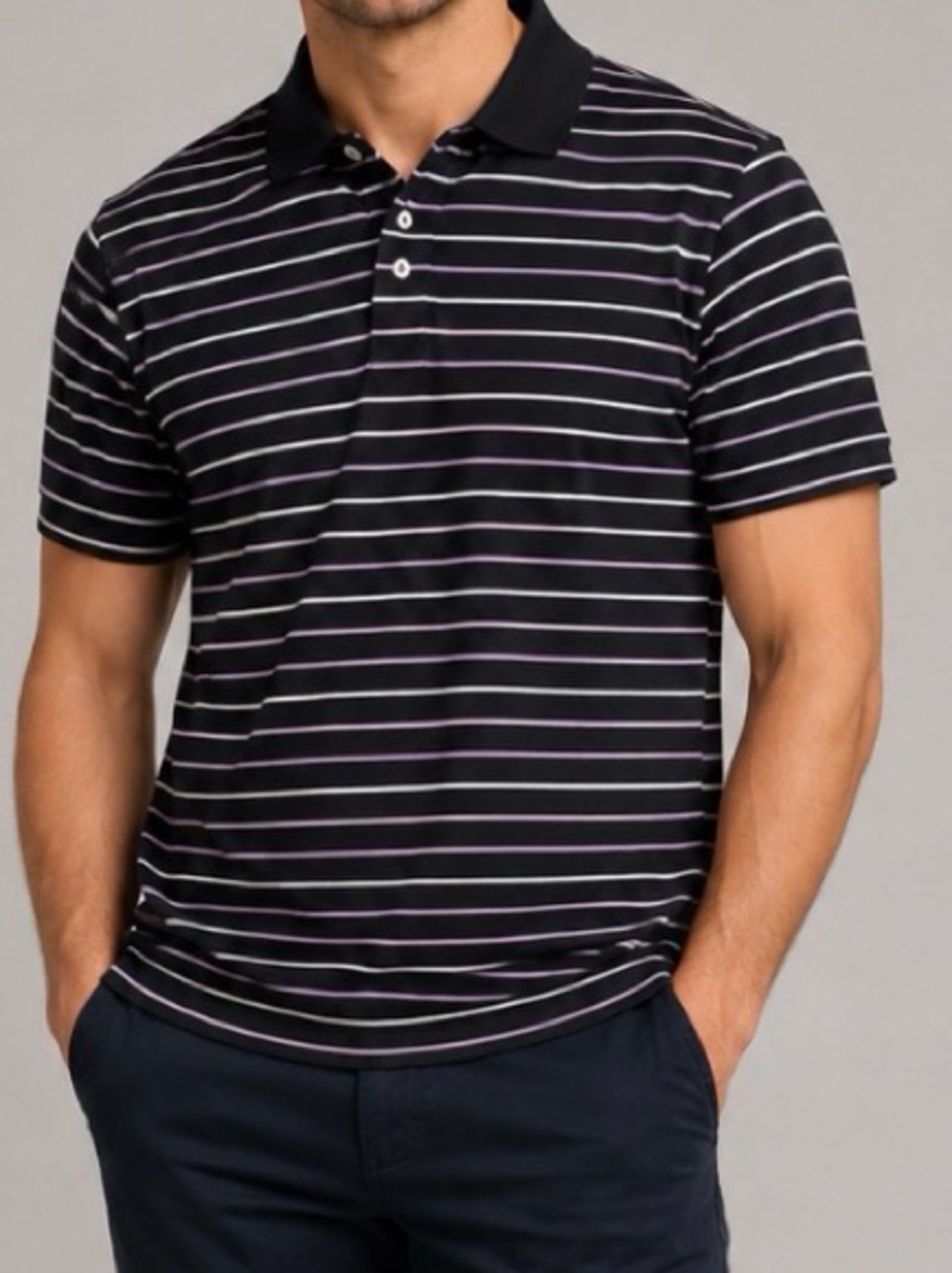 RLX Ralph Lauren Black Polo with White and Purple Stripes Size Medium